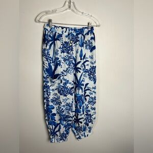Pavana jack Blue-White S Tropical Print All over  Linen Pants Naural Cargo